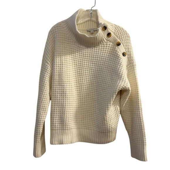 Ann Taylor Women's Weekender Waffle Knit Cream Turtleneck Cropped Sweater Size L - Picture 1 of 8
